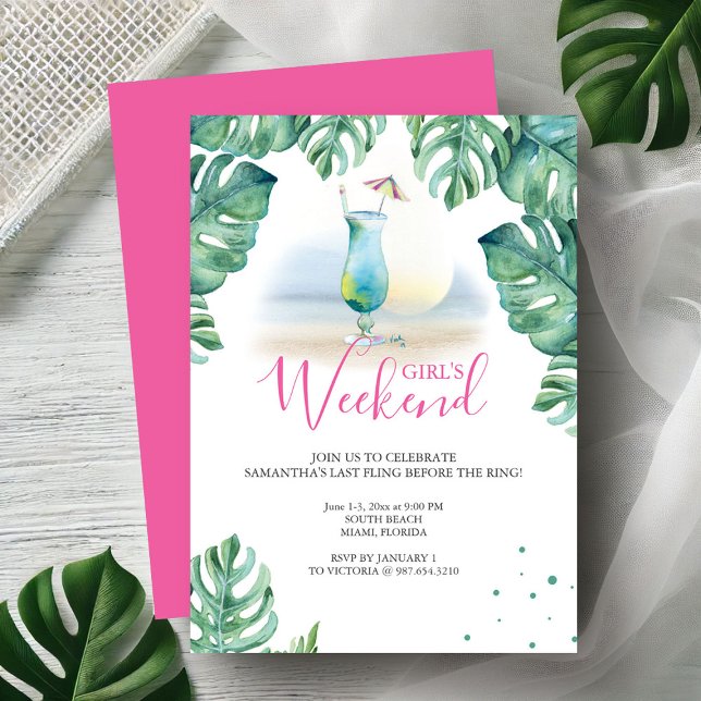 Tropiska inbjudningar till Bachelorette-partiet (Bachelorette party invitations tropical watercolor cocktail & palm leaf art Victoria Grigaliunas)