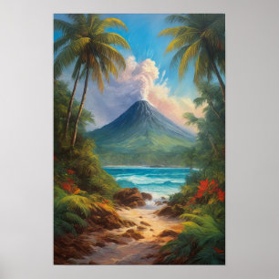 Tropiska Isle med slumrande Volcano Poster