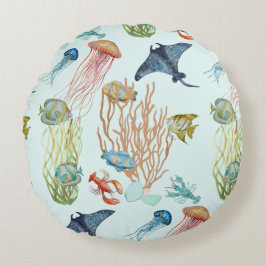 Tropiska jellyfish Coral and Fish Round Pillow Rund Kudde