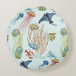 Tropiska jellyfish Coral and Fish Round Pillow Rund Kudde