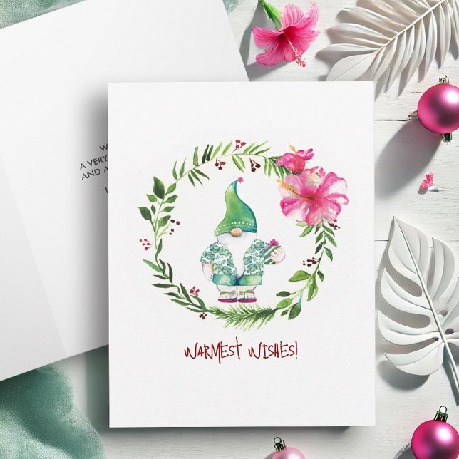 Tropiska julkort för vattenfärg helgkort (Tropical Christmas cards watercolor Santa and wreath art by Victoria Grigaliunas of Do Tell A Belle.)