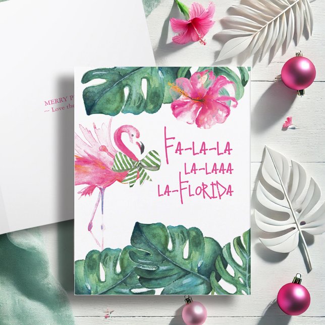 Tropiska julkortskonstruktioner helgkort (Pink flamingo Christmas cards watercolor tropical art by Victoria Grigaliunas of Do Tell A Belle)