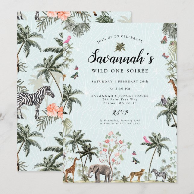 Tropiska jungeldjur | Vild en födelsedag Inbjudningar (Fram/baksida)