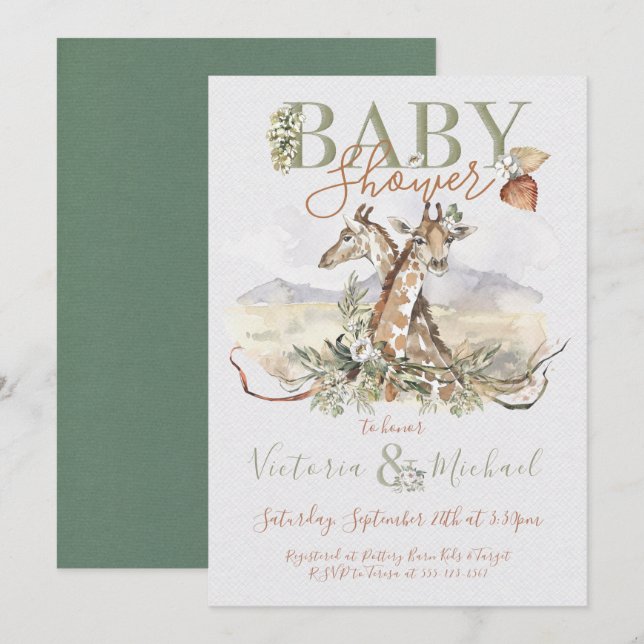 Tropiska jungle Giraffe Baby Shower-inbjudningar Inbjudningar (Fram/baksida)