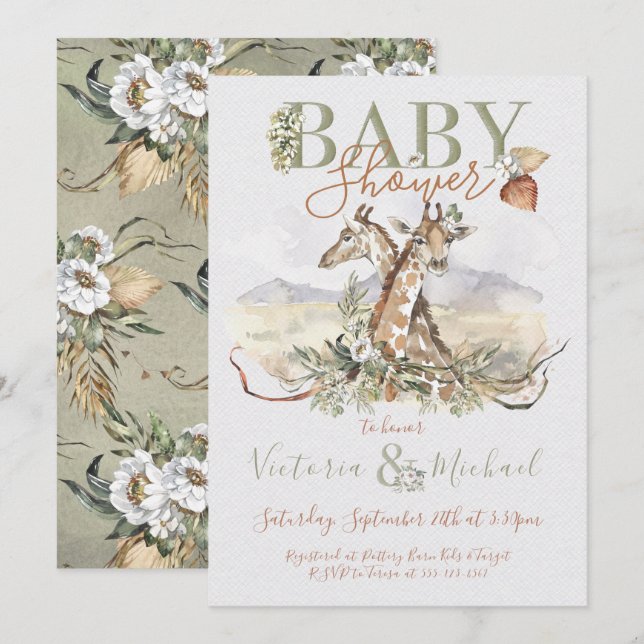 Tropiska jungle Giraffe Baby Shower-inbjudningar Inbjudningar (Fram/baksida)