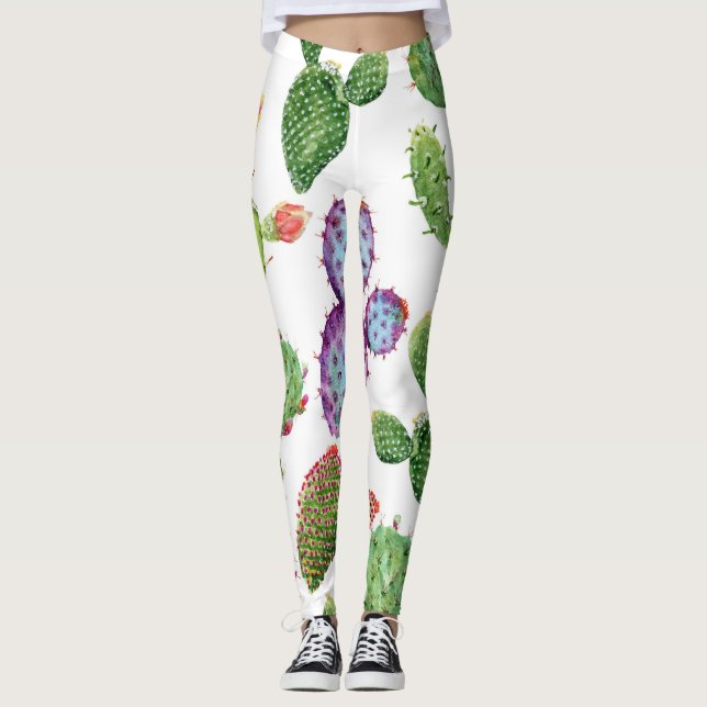 Tropiska kaktus: Vattenfärgen Seamless Mönster Leggings (Framsida)