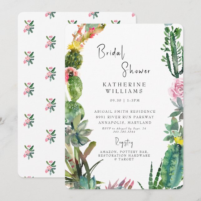 Tropiska kaktus vit rundad Möhippa Inbjudningar (Fram/baksida)