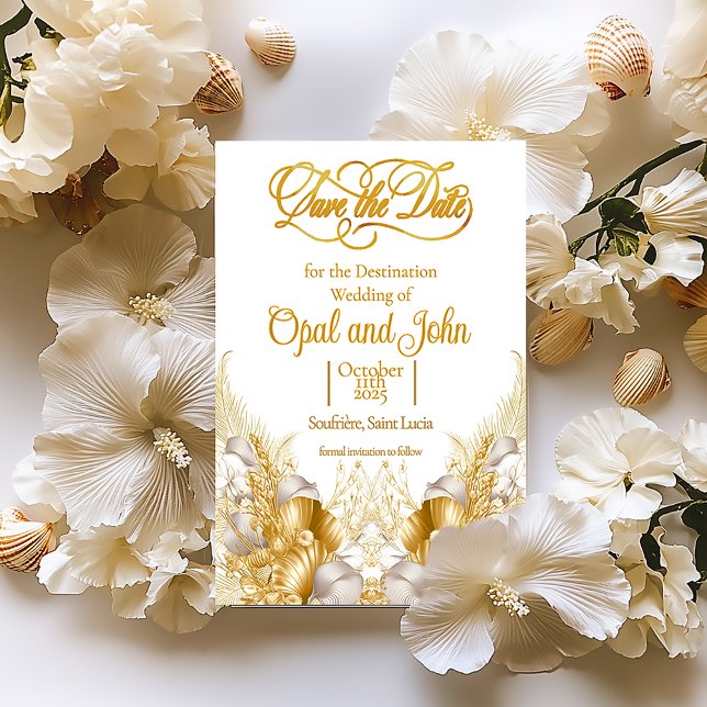 Tropiska kusten Guld Bröllop OSA Kort (Elegant Formal Coastal Gold and Ivory Save the Date Destination Wedding Enclosure Card )