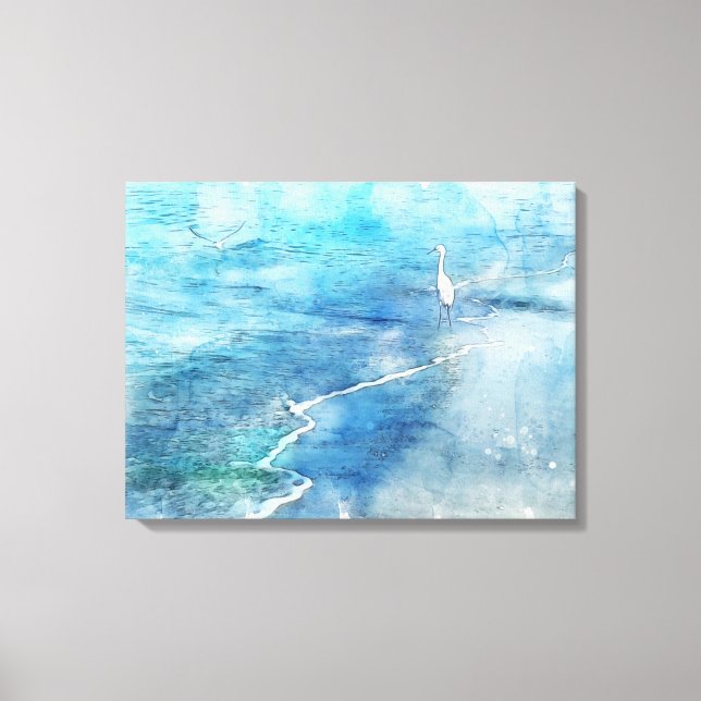 Tropiska kuststranden Ocean Vågar White Egret Canvastryck (Framsida)