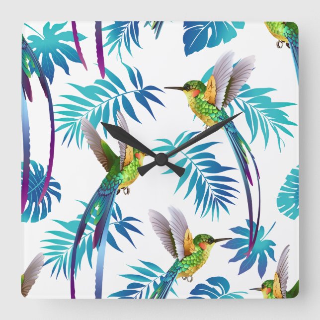 Tropiska Lång Svan Hummingbird Fyrkantig Klocka (Framsida)