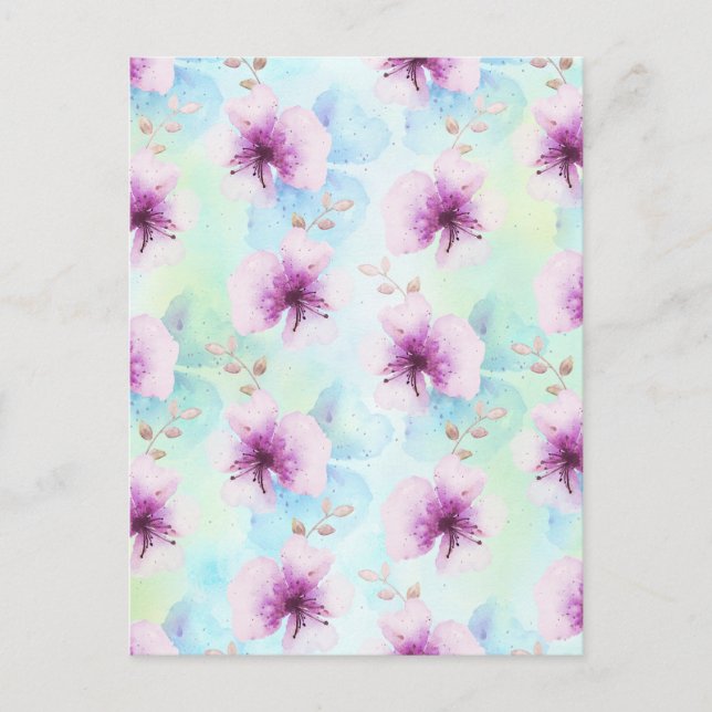 Tropiska lila Watercolor Flowers Vykort (Framsida)