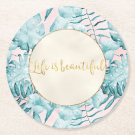 Tropiska Löv Aqua Guld Underlägg Papper Rund