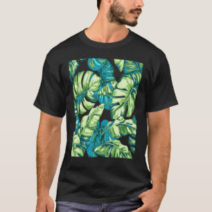 Tropiska Löv av Banana och Monstera Blue Grönt T Shirt