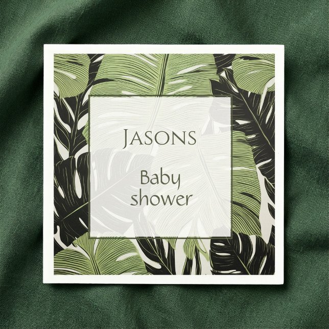 Tropiska löv babyduschen namn napkin pappersservett (Tropical leaves baby shower name napkin.)