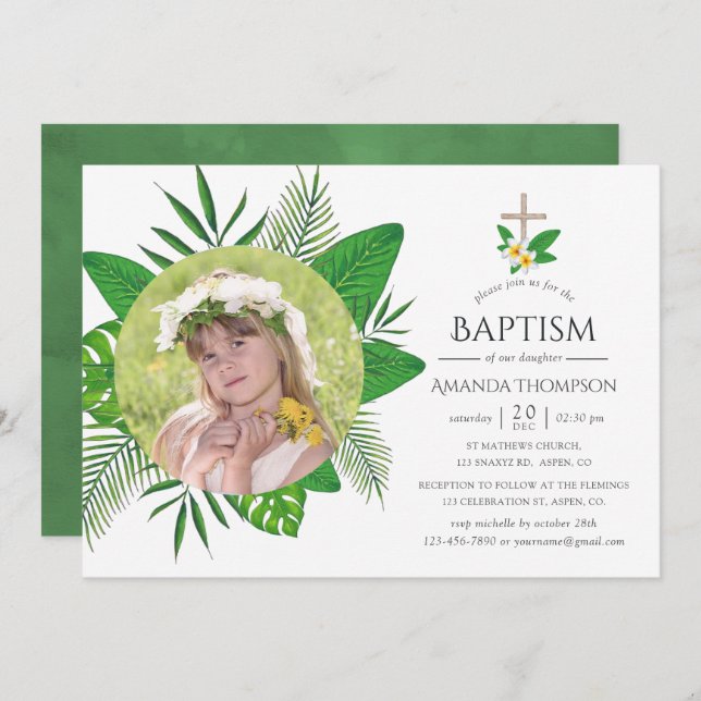 Tropiska Löv Baptism eller Christening Inbjudningar (Fram/baksida)