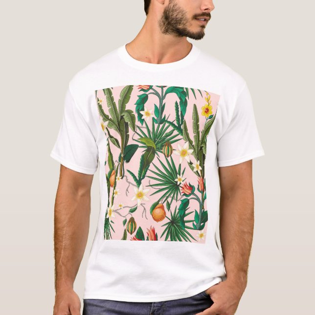 Tropiska löv, blomma, frukt, mönster. t shirt (Framsida)