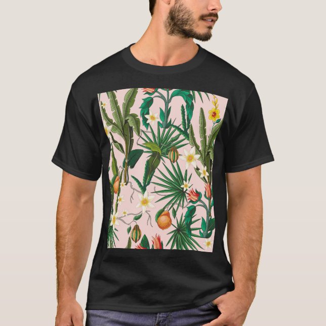 Tropiska löv, blomma, frukt, mönster. t shirt (Framsida)