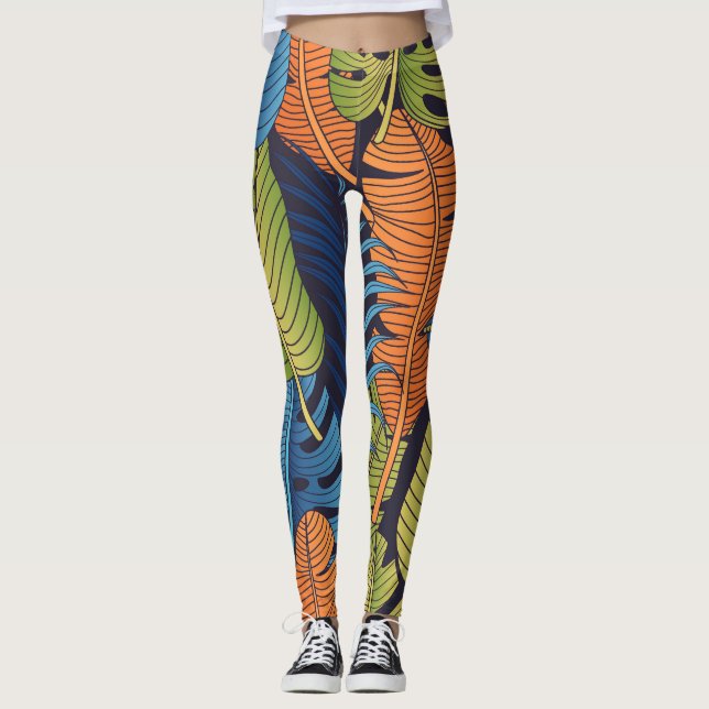 Tropiska löv, blommigt sömlös mönster. leggings (Framsida)