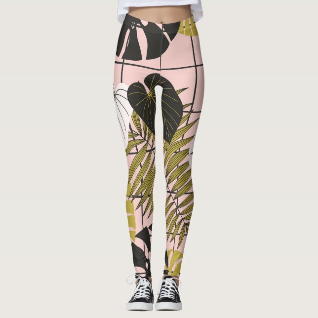 Tropiska löv, blommor, handmålat mönster. leggings (Framsida)