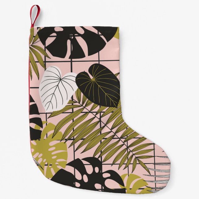 Tropiska löv, blommor, handmålat mönster. liten julstrumpa (Framsidan)