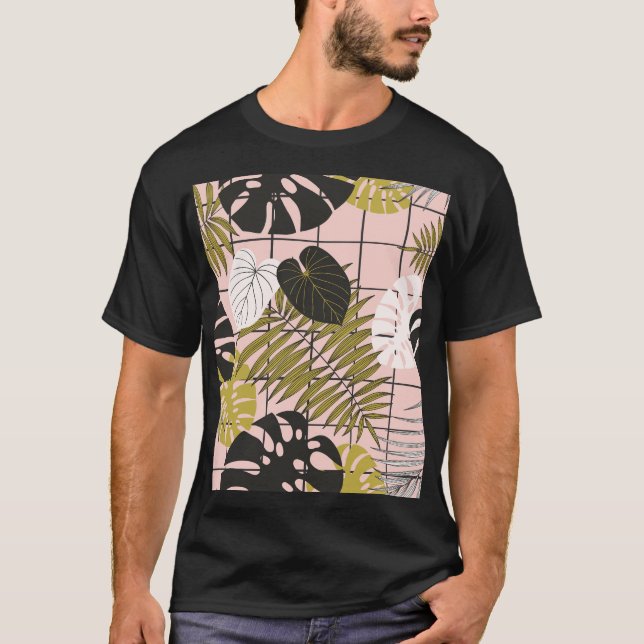 Tropiska löv, blommor, handmålat mönster. t shirt (Framsida)