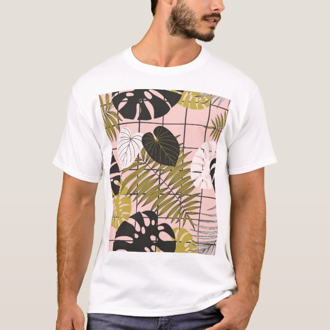 Tropiska löv, blommor, handmålat mönster. t shirt (Framsida)