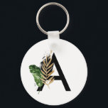 Tropiska Löv Faux Gold Foil Brev A Monogram Nyckelring<br><div class="desc">Tropiskt Löv Faux Guld Foil Brev A Monogram Keychain | Boho monogram-nyckelkedja med vattenfärgade tropiska löv med faux-guld-folie. Denna tropiska nyckelkedja är perfekt för sommaren. Den här designen finns i andra artiklar.</div>