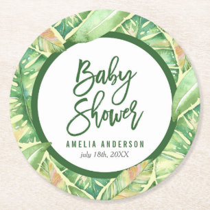 Tropiska löv för baby showergröntvattenfärg underlägg papper rund