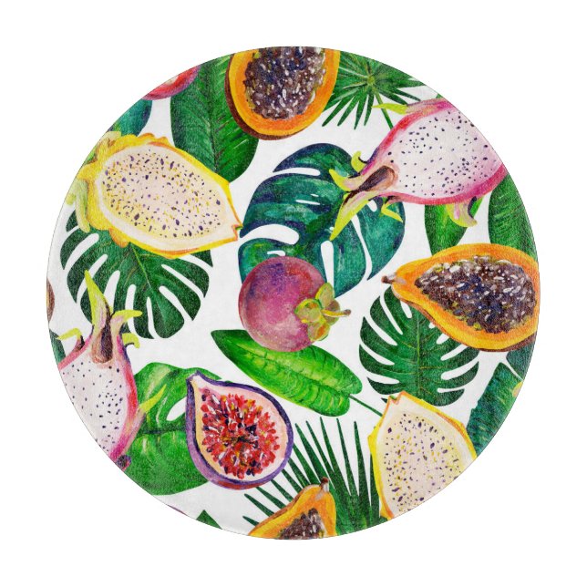 Tropiska löv, frukter, gouache sömlös mönster. (Framsidan)
