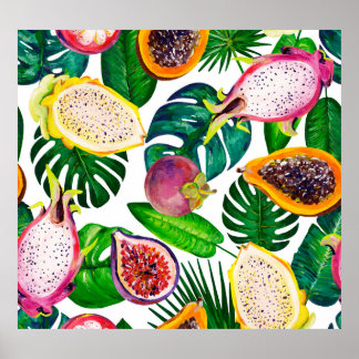 Tropiska löv, frukter, gouache sömlös mönster. poster