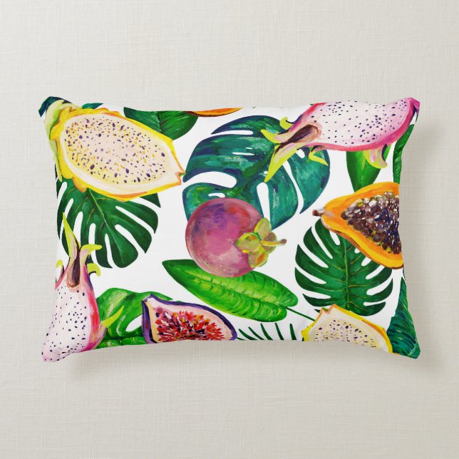 Tropiska löv, frukter, gouache sömlös mönster. prydnadskudde (Framsidan)