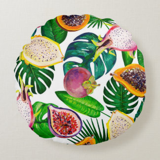 Tropiska löv, frukter, gouache sömlös mönster. rund kudde