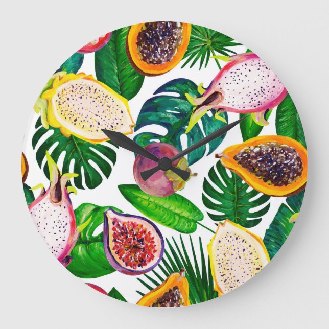 Tropiska löv, frukter, gouache sömlös mönster. stor klocka (Framsida)