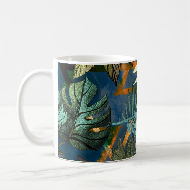 Tropiska löv, geometriska former mönster kaffemugg (Vänster)