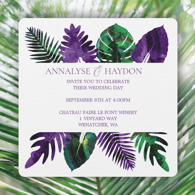 Tropiska Löv Grönt, Plum Lila Löv Bröllop Inbjudningar (tropical plum purple & green leaves wedding invitations, monstera leaves, ferns, palm leaves)