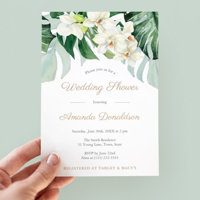 Tropiska Löv-Grönten och Guld-Möhippan Party Inbjudningar (Tropical Greenery Monstera Leaves Wedding Shower Invitations)