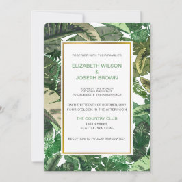 tropiska löv guld greenery botanical bröllop inbjudningar