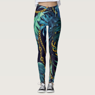Tropiska löv, guld-kedjor, sömlösa. leggings