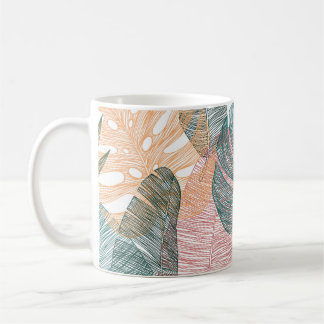 Tropiska löv: handdragen vintage mönster. kaffemugg