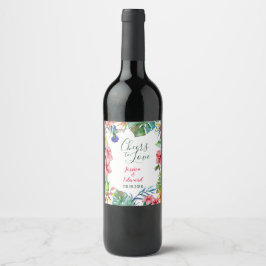 Tropiska Löv Hibiscus Hawaiian Bröllop Vinflaska Etikett