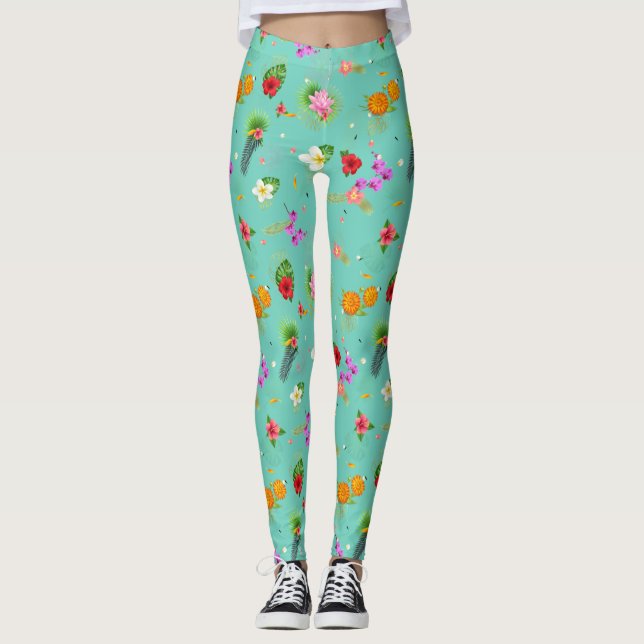 Tropiska Löv i Turquise Leggings (Framsida)
