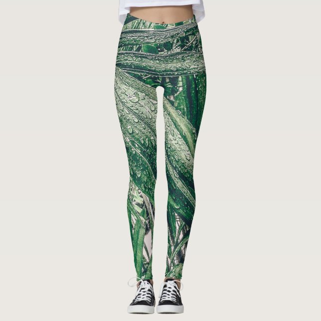 Tropiska Löv med regndroppar Leggings (Framsida)