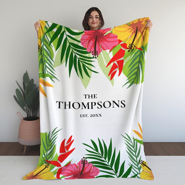 Tropiska Löv och blommor Anpassningsbar Efternamn Fleecefilt (Tropical Leaves and Flowers Custom Last Name Fleece Blanket)
