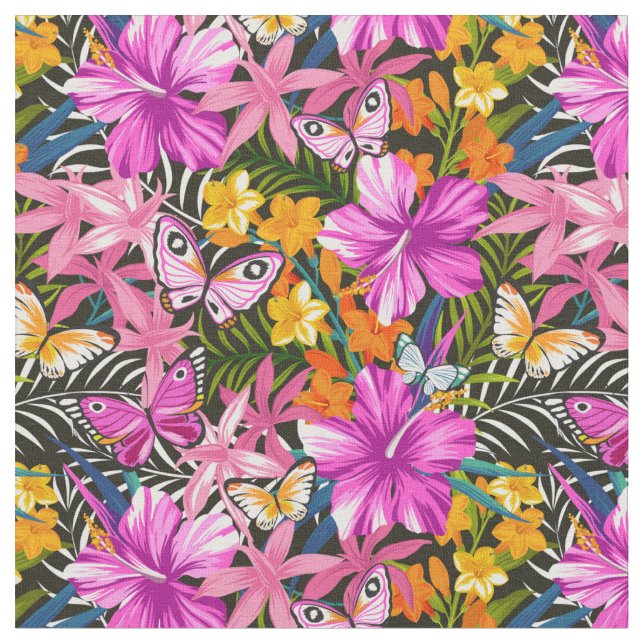 Tropiska löv och blommor tyg (Närbild)