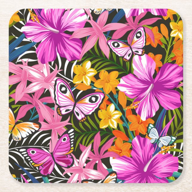Tropiska löv och blommor underlägg papper kvadrat (Framsidan)