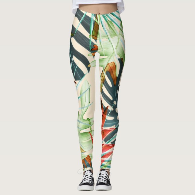 Tropiska Löv och blommor: Vibrant Mönster Leggings (Framsida)