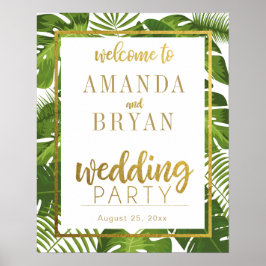 Tropiska löv och guld välkomna bröllop-skylten poster