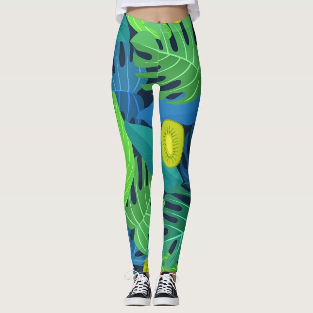 Tropiska Löv och Kiwi Mönster Leggings (Framsida)