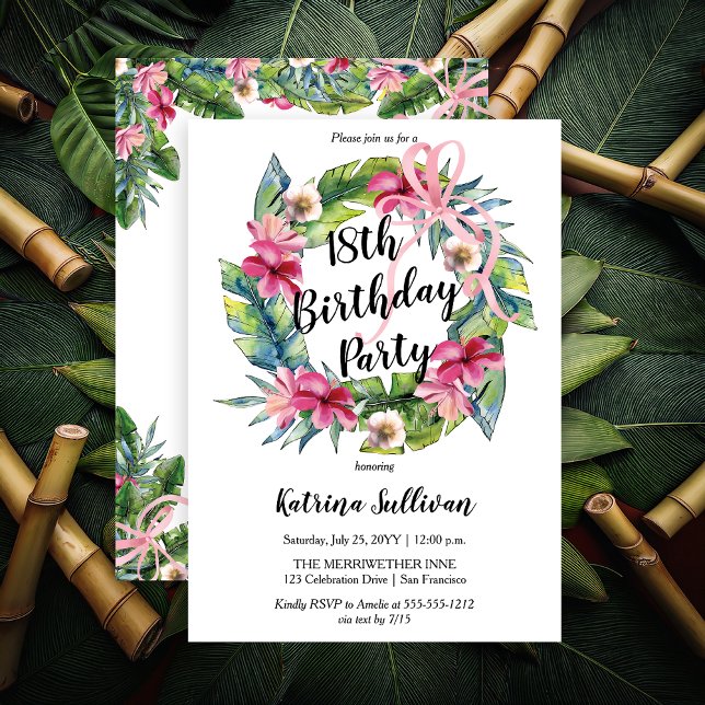 Tropiska Löv | Rosa Blommigt 18:e Födelsedagsfeste Inbjudningar (Boho Tropical Hibiscus and Greenery with Pink Coquette Bow 18th Birthday Party Invitation )