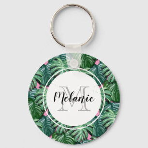 Tropiska Löven Mönster - Grönt Foliage Monogram Nyckelring
